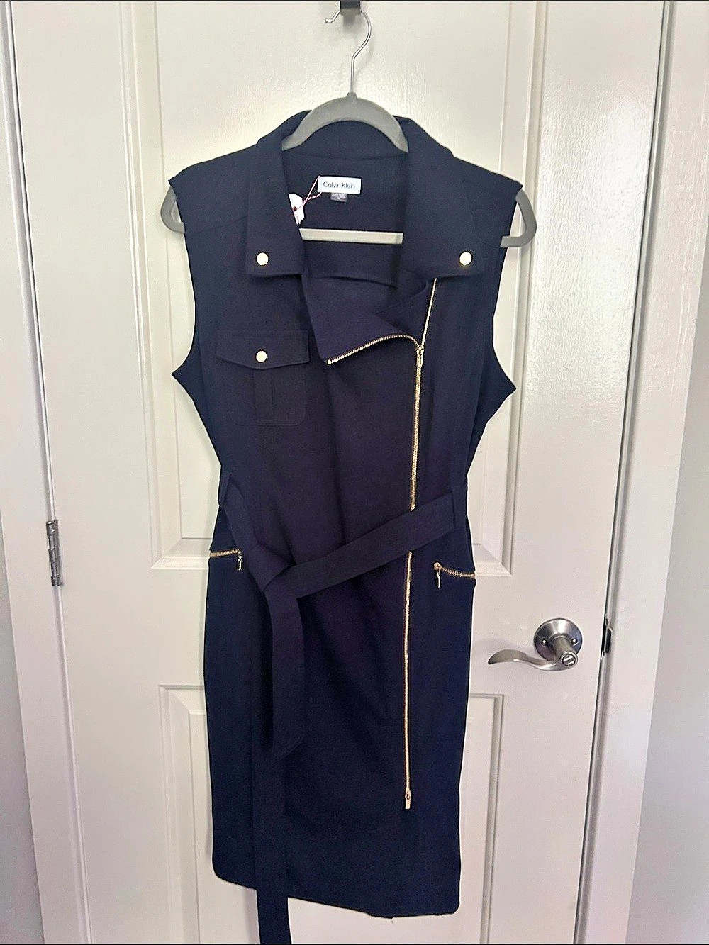 Calvin Klein Moto Belted Sleeveless Sheath Dress Navy Blue Size 16